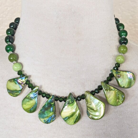 Iridescent Lime & Forest Green Shell Agate Statement Bib Necklace